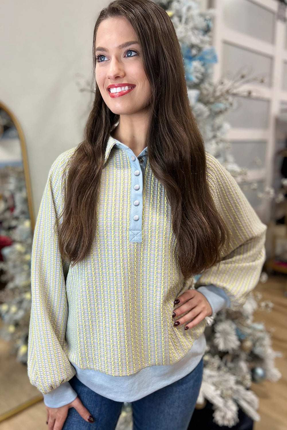 Beau Blue Striped Henley Collar Textured Sweatshirt Sweatshirts & Hoodies 7ca2cac46832b9b2