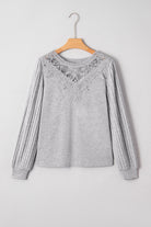 Gray Solid Lace Applique Round Neck Long Sleeve Top Long Sleeve Tops 7cc1acf2aaa8cccc