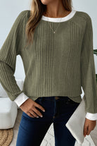 Moss Green Rib Texture Contrast Trim Round Neck Long Sleeve Top T Shirts 7cdb95b96d9a58ed