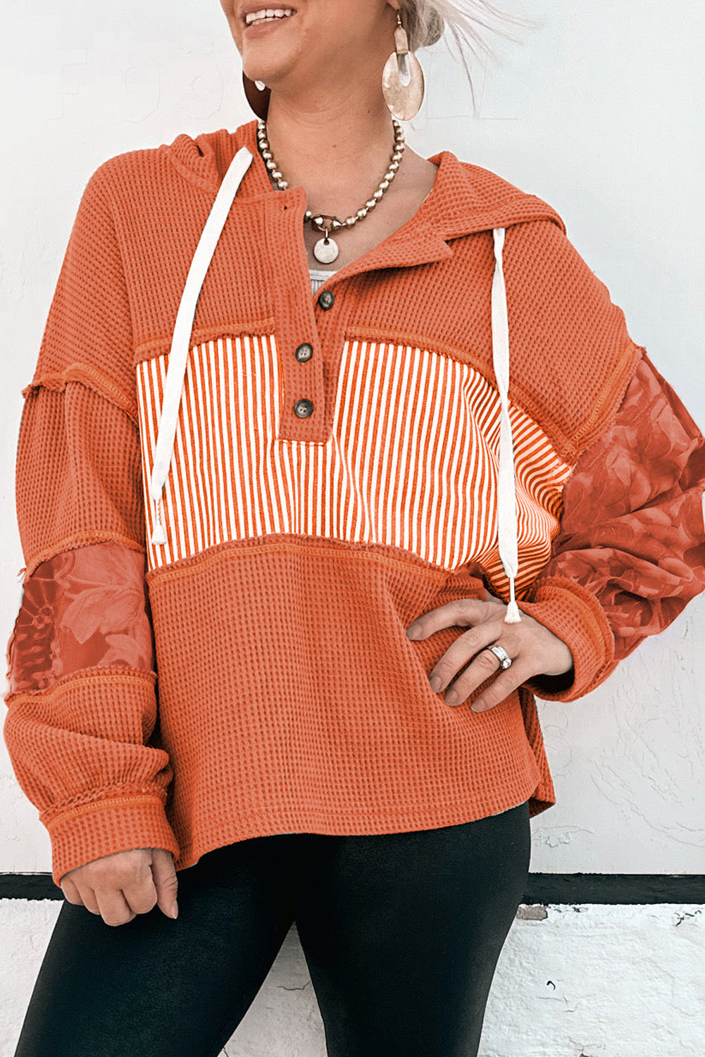 Cinnamon Striped Waffle Patchwork Drawstring Hooded Long Sleeve Top Long Sleeve Tops 7ce8c32a9c96f12c