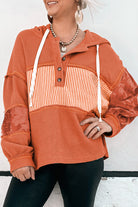 Cinnamon Striped Waffle Patchwork Drawstring Hooded Long Sleeve Top Long Sleeve Tops 7ce8c32a9c96f12c