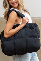 Black Solid Quilted Puffy Zipped Large Tote Bag Tote Bags 7d279de3cf2a2ae5