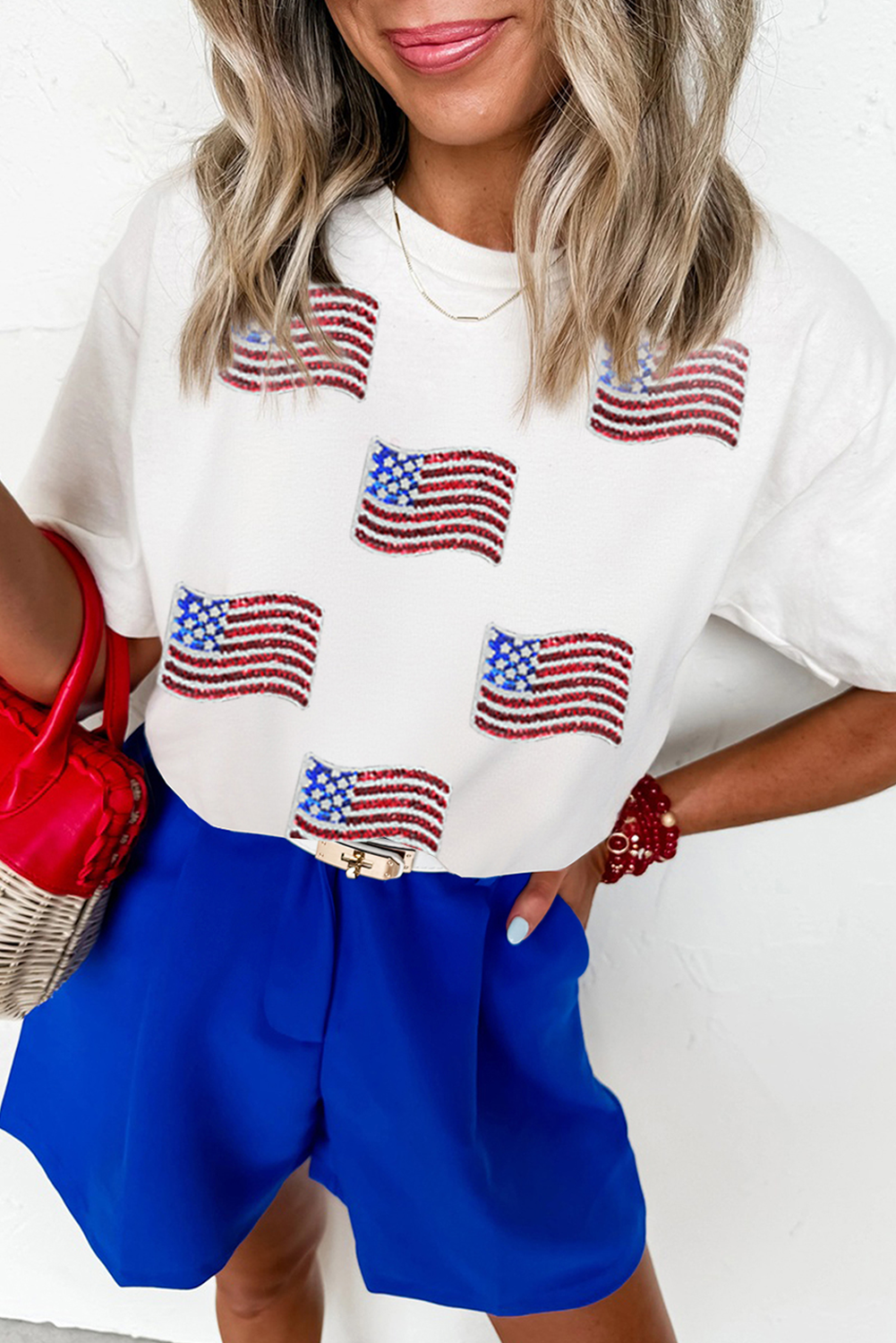 White Sequin American Flag Patched Casual T Shirt Graphic Tees 7d27eb516cf35c35