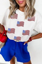 White Sequin American Flag Patched Casual T Shirt Graphic Tees 7d27eb516cf35c35