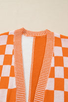 Orange Checkered Plus Size Drop Shoulder Knit Cardigan Plus Size Sweaters&Cardigans 7d3360071b1c2ce1