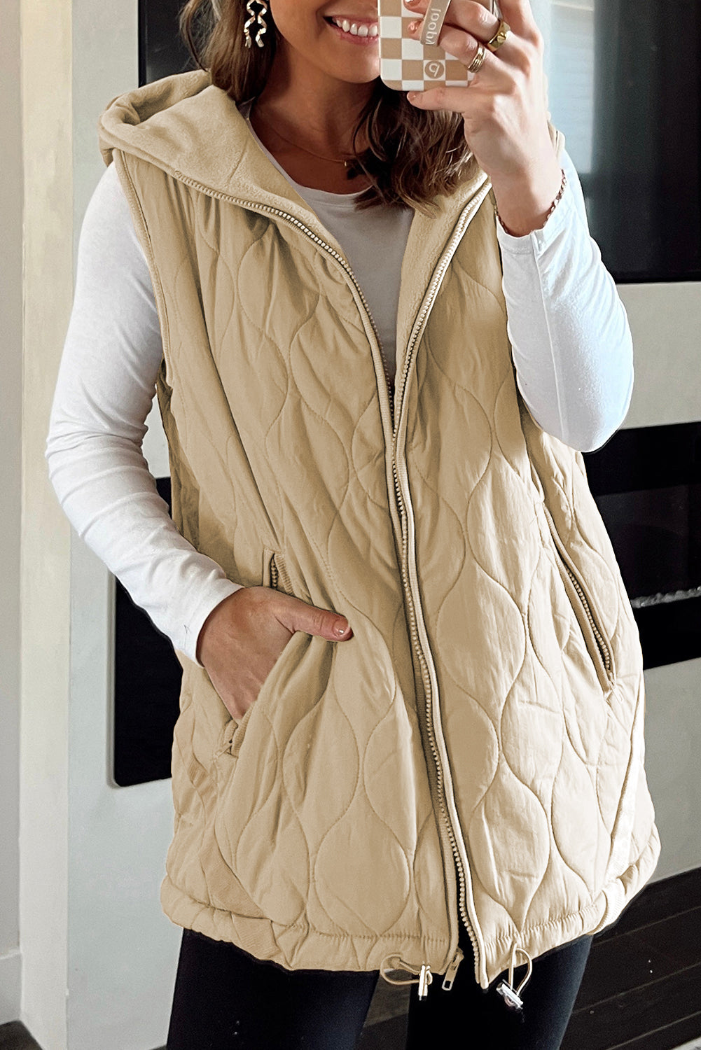 Pale Khaki Quilted Padded Casual Winter Jacket Vest with Fleece Lining Jackets 7d3e43d963de9b35
