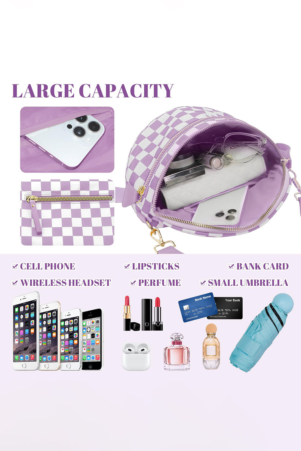 Pink Checkered Print Wide Strap Large Crossbody Bag Crossbody Bags 7d6e69b46b0d1e83