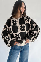 Black Flower Colorblock Checkered Henley Sweater Sweaters 7da07fd242892f42