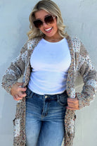 Brown Confetti Dot Checkered Print Open Cardigan with Pockets Cardigans 7db2ff03e5942d5c