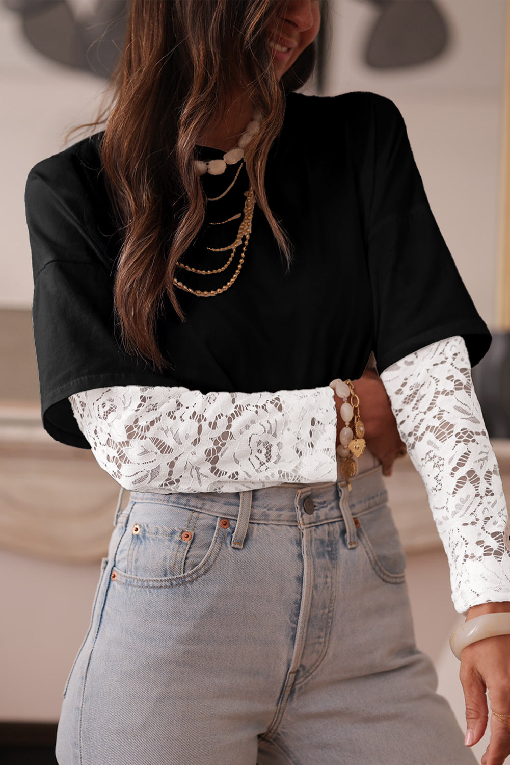 White Fake Two-Piece Lace Long Sleeve Drop Shoulder Tee T Shirts 7dbe0fdc9830ad59