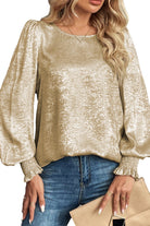 Apricot Metallic Round Neck Smocked Puff Sleeve Blouse Blouses 7dcce0bcc2db33fb