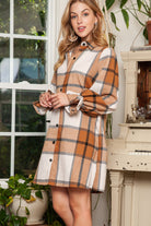 Khaki Plaid Pattern Collared Neck Ruffled Sleeve Shirt Dress Short Dresses 7df363776338f570