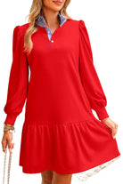 Fiery Red Striped Collar Long Sleeve Ruffle Hem Dress Short Dresses 7e076e2caec56c23