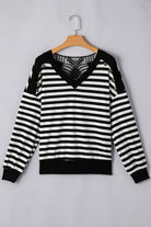 Black Stripe Crochet Hollow-out Back Buttoned Decor V Neck Top Blouses 7e0ebdf8763835db