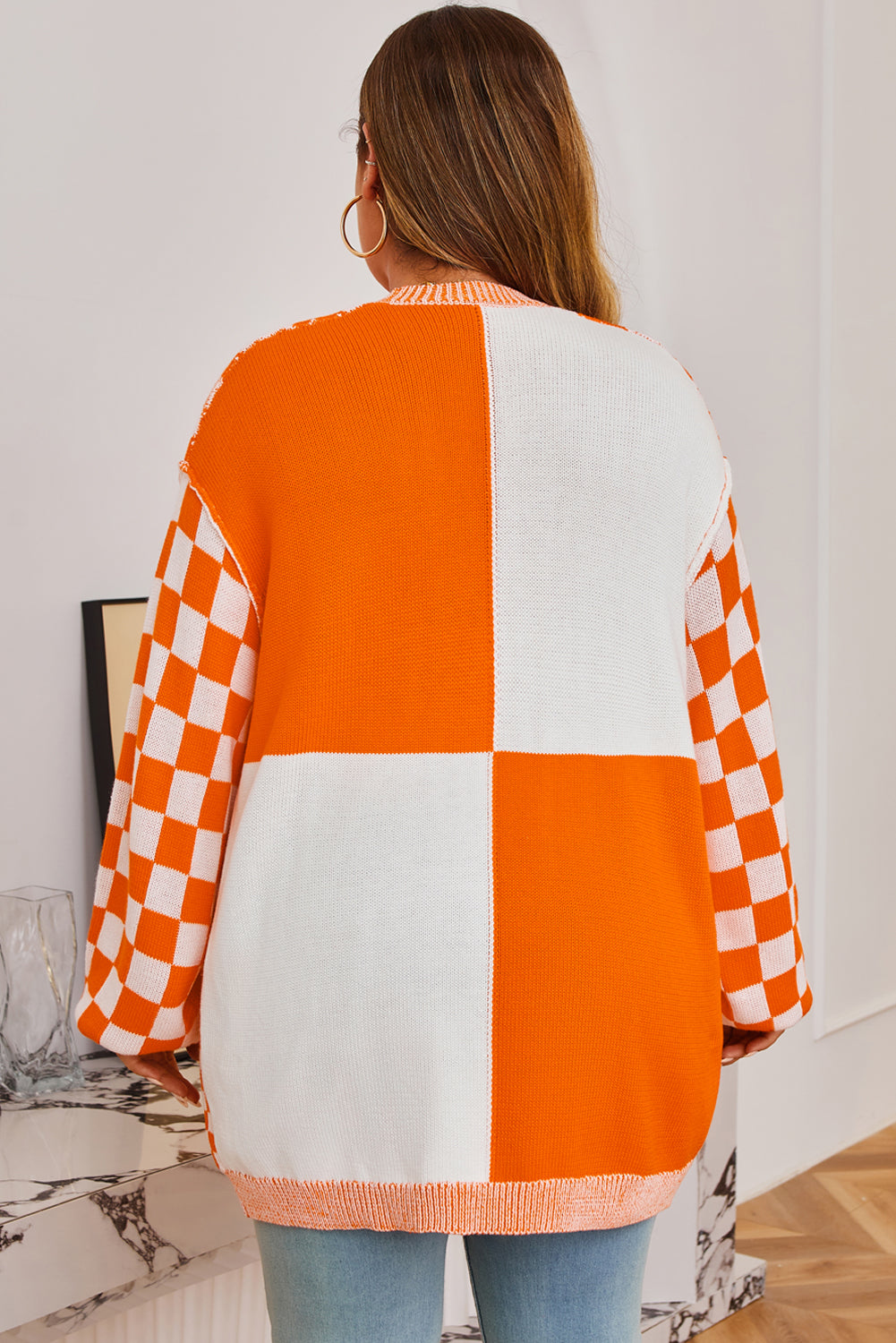 Orange Checkered Plus Size Drop Shoulder Knit Cardigan Plus Size Sweaters&Cardigans 7e14cda0477076c2