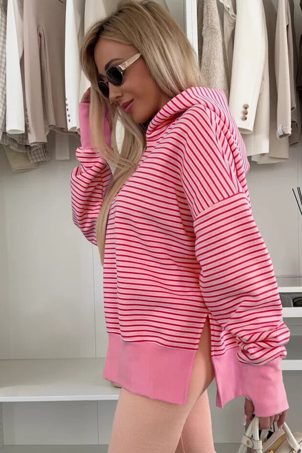 Rose Stripe Thumbhole Side Slits Drop Shoulder Loose Fit Hoodie Sweatshirts & Hoodies 7e3ae9678c2e0458