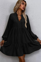 Black Tie Split Neck Smocked Detail Puff Sleeve Ruffle Hem Loose Dress Short Dresses 7e9840333cf4b951