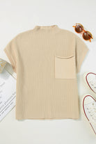 Oatmeal Patch Pocket Ribbed Knit Short Sleeve Sweater Knit Tops 7ee8b41c800d7920