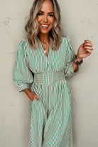Green Striped V Neck Zip Front Cinched High Waist Midi Dress Midi Dresses 7f0dfce278ab84df