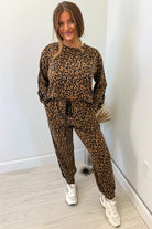 Brown Varsity Striped Trim Leopard Long Sleeve Top Drawstring Pant Set Pant Sets 7f1692e27274b545