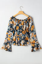 Blue Floral Off Shoulder Bell Sleeve Smocked Peplum Top Blouses 7f2216b5768d7244
