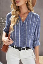 Blue Striped Print V Neck Half Buttons Loose Blouse Blouses & Shirts 7f2a378f94a01135