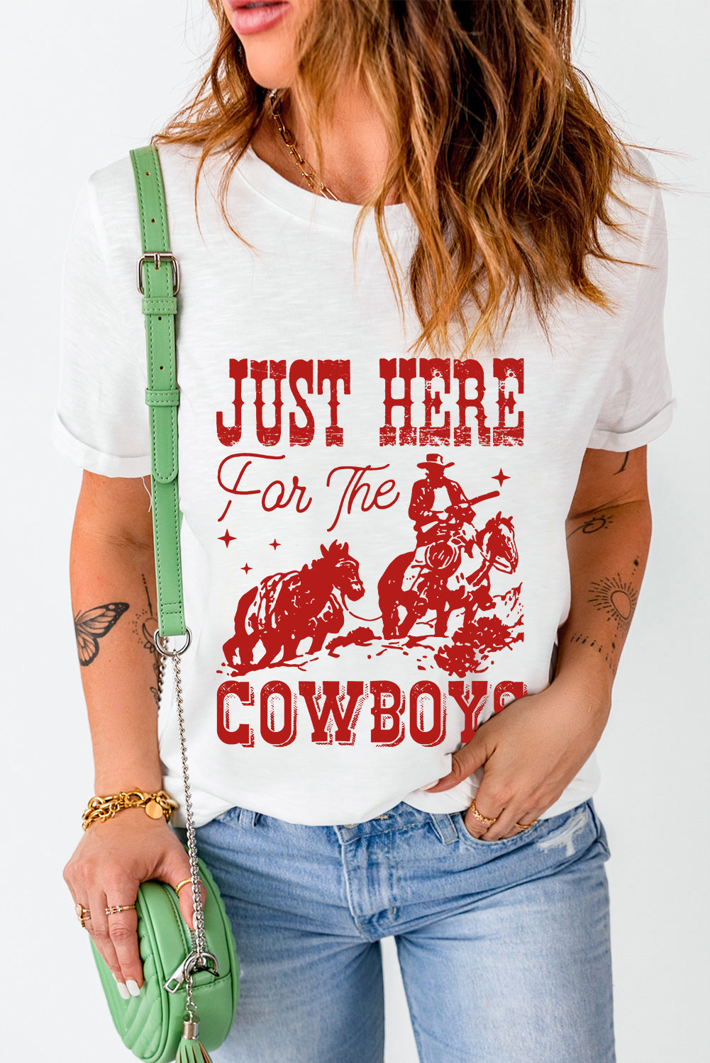 White JUST HERE For THE COWBOY Crew Neck T Shirt Graphic Tees 7f2aeeff19a6eddc