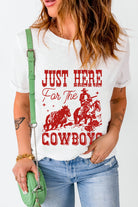 White JUST HERE For THE COWBOY Crew Neck T Shirt Graphic Tees 7f2aeeff19a6eddc
