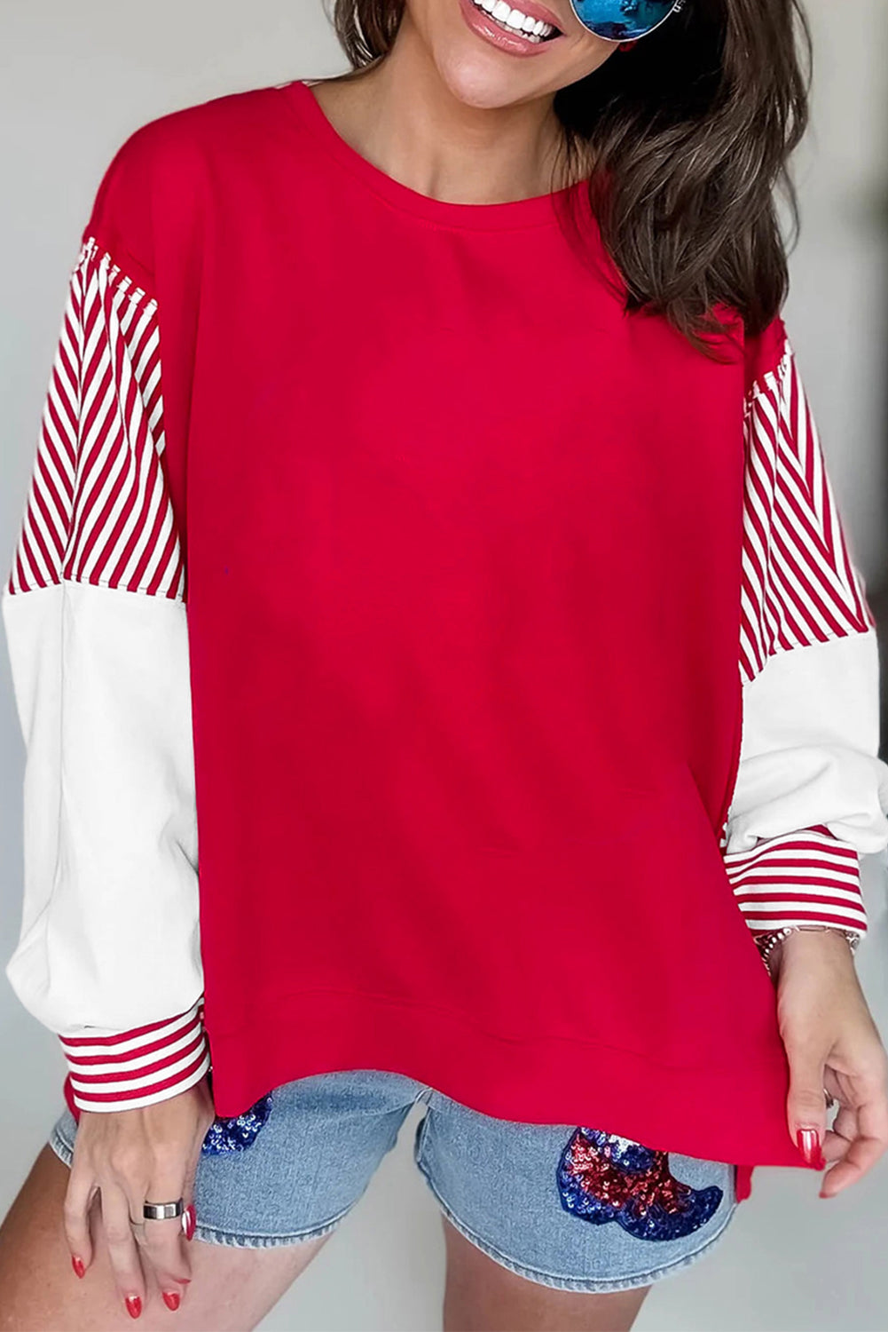 Fiery Red Striped Patchwork Sleeve Colorblock Sweatshirt Sweatshirts & Hoodies 7f4d9182015660ad