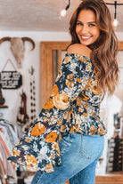 Blue Floral Off Shoulder Bell Sleeve Smocked Peplum Top Blouses 7f4e7f3b1254b707