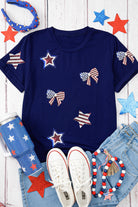 Blue USA Flag Bow Star Sequins Patch Graphic Crewneck T Shirt Graphic Tees 7f557b8c65a7159f