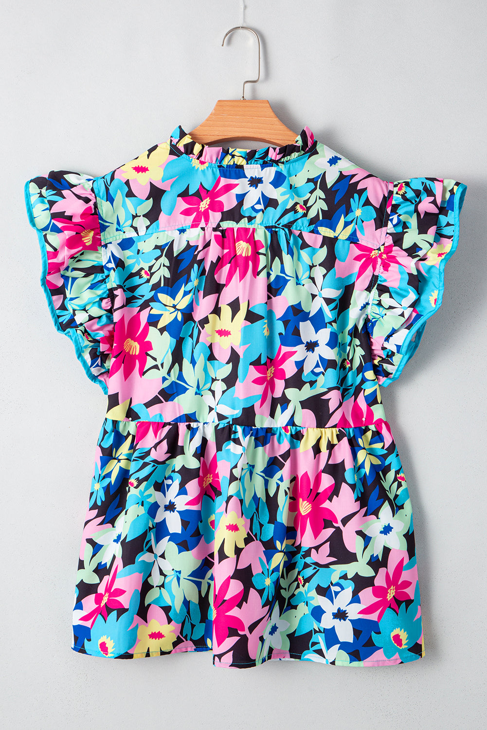 Blue Floral Flutter Sleeve Tied Notched Neck Plus Size Blouse Plus Size Tops 7f7808d69b5146f3