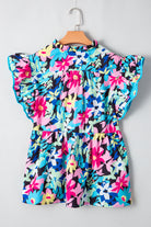 Blue Floral Flutter Sleeve Tied Notched Neck Plus Size Blouse Plus Size Tops 7f7808d69b5146f3