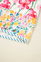 Pink Plus Size Floral Print Striped Trim V Neck Blouse Plus Size Tops 7f9b0d79204bfd8f