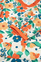 Orange Frilled V Neck Floral Print Bracelet Sleeve Blouse Blouses 7fbc3f1743f7a103