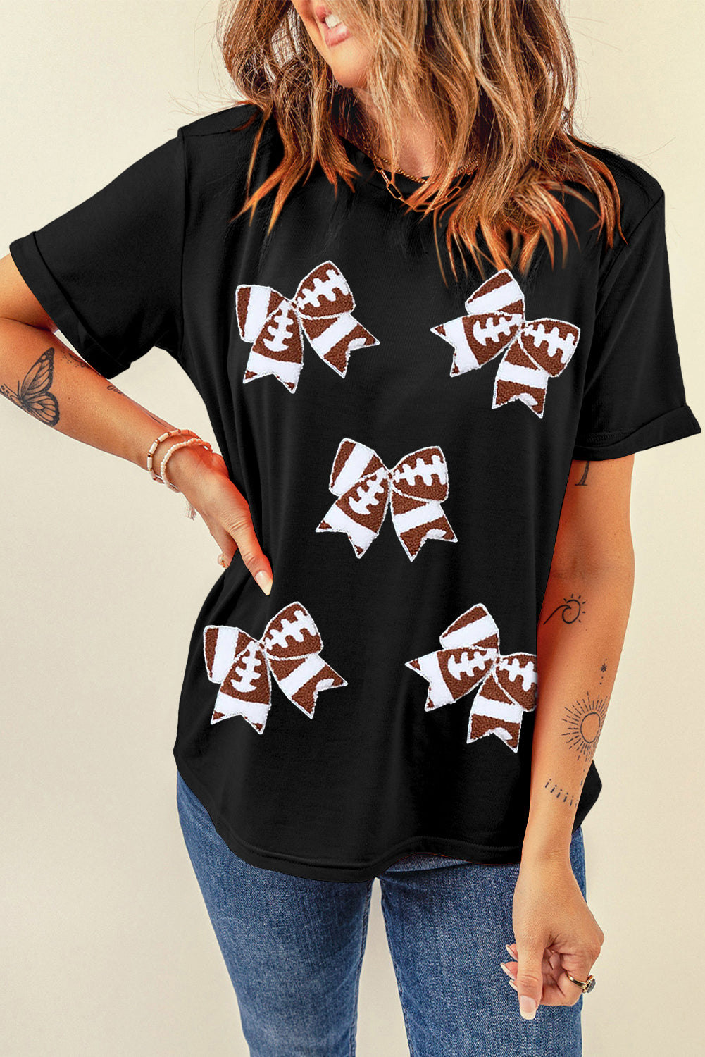 Black Game Day Football Bowknot Graphic T Shirt Graphic Tees 7fbf952ba66ce4ae