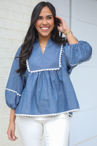 Dusk Blue Scallop Trim Puff Sleeve Collared Babydoll Blouse Blouses 7fcc0a14c26b90ee
