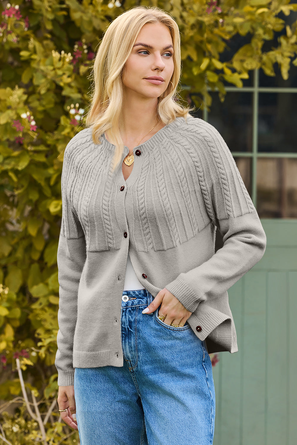 Gray Solid Color Textured Detail Button Down Long Sleeve Sweater Cardigan Cardigans 801ab8495b3bf97e