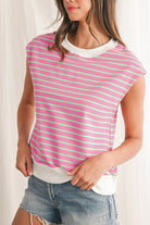 Sachet Pink Striped Contrast Trim Top T Shirts 803767c0539203e3