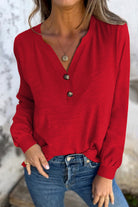 Racing Red Casual Button V Neck Long Sleeve Top Long Sleeve Tops 8043de8e1575e93d