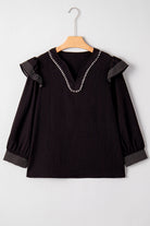 Black Contrast Stitched Detail V Neck Ruffle Long Sleeve Blouse Blouses 805351842e217f21