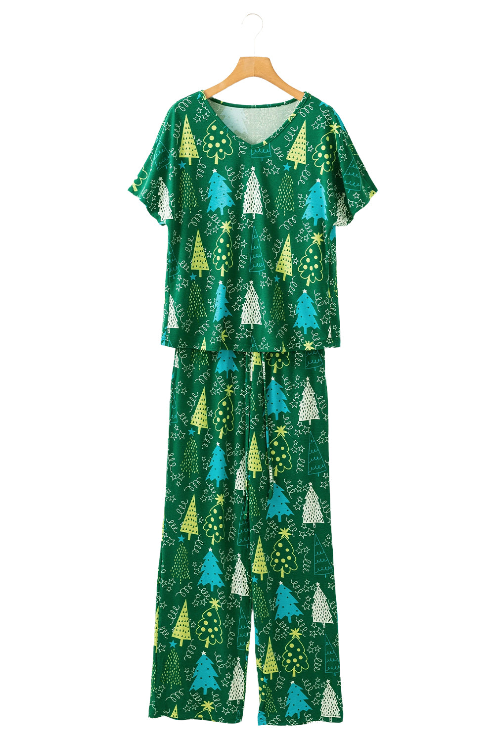 Green Christmas Tree Print V Neck Tee and Pants Pajama Set Loungewear Set 8062397b7683b930
