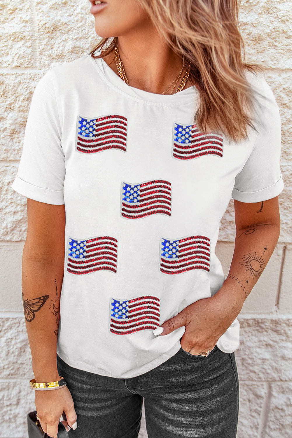 White Sequin American Flag Patched Casual T Shirt Graphic Tees 80d44c64ed72edb6