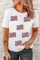 White Sequin American Flag Patched Casual T Shirt Graphic Tees 80d44c64ed72edb6