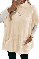Jet Stream Plain Knit Casual Turtleneck Short Sleeve Tunic Sweater with Pockets Sweaters 80e6e9968b675b67