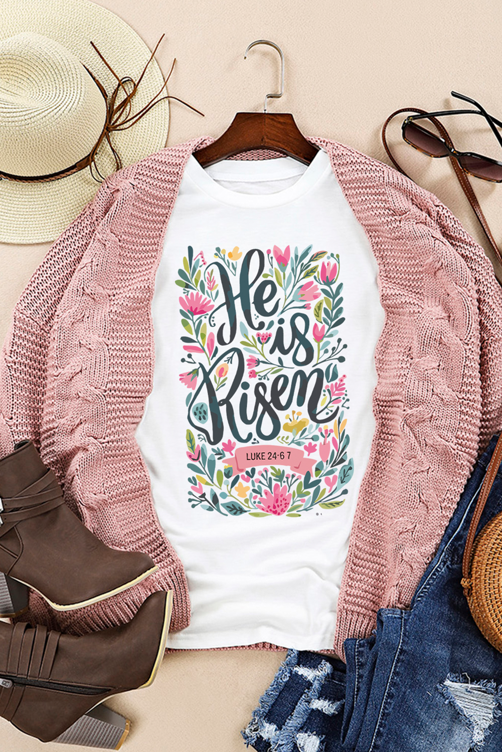 White He is Risen Floral Heat Transfer Printing Graphic T Shirt Graphic Tees 80fb1f69cb3ba1ad