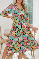 Green Boho Floral Puff Sleeve V Neck Tassel Drawstring Midi Dress Midi Dresses 813ae621195f6b80