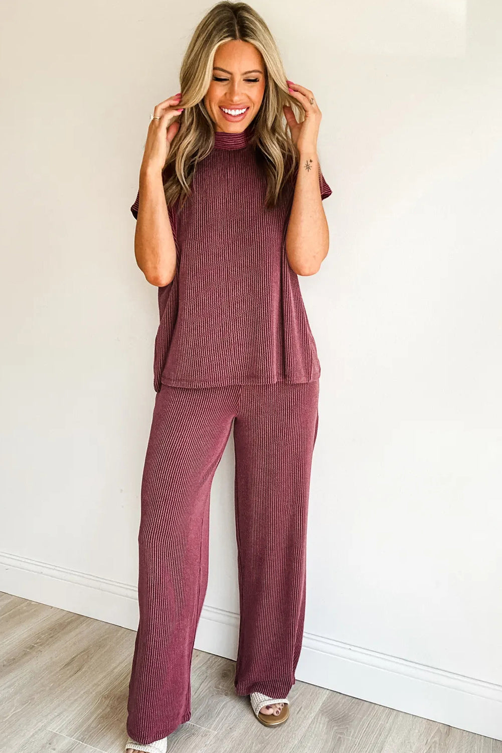 Burgundy Twisted Ribbed High Neck Loose Tee Elastic High Waist Loose Pant Set Pant Sets 817a16d2230185f7