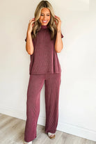 Burgundy Twisted Ribbed High Neck Loose Tee Elastic High Waist Loose Pant Set Pant Sets 817a16d2230185f7