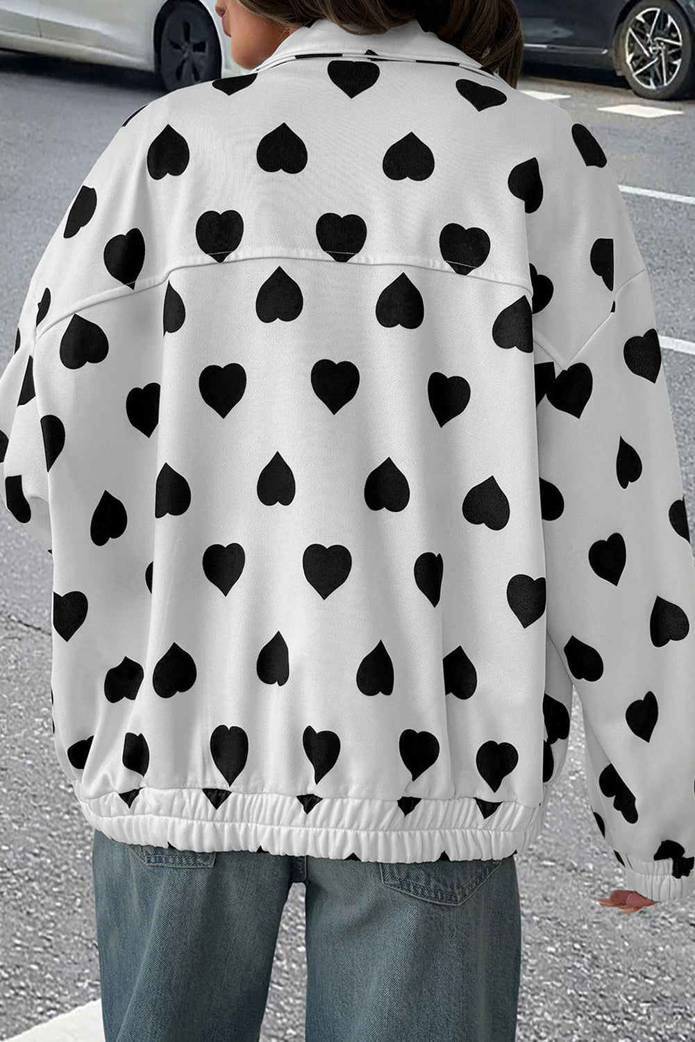 White Zipper Heart Print Collared Jacket Jackets 817bed4485515333